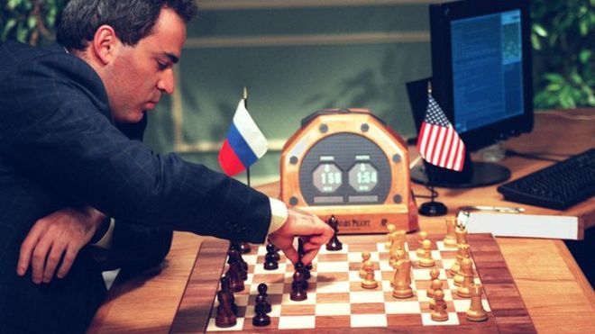 Gary Kasparov playing chess with IBM computer Deep Blue in 1997