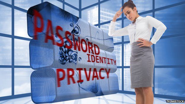 woman thinking in from of password graphic