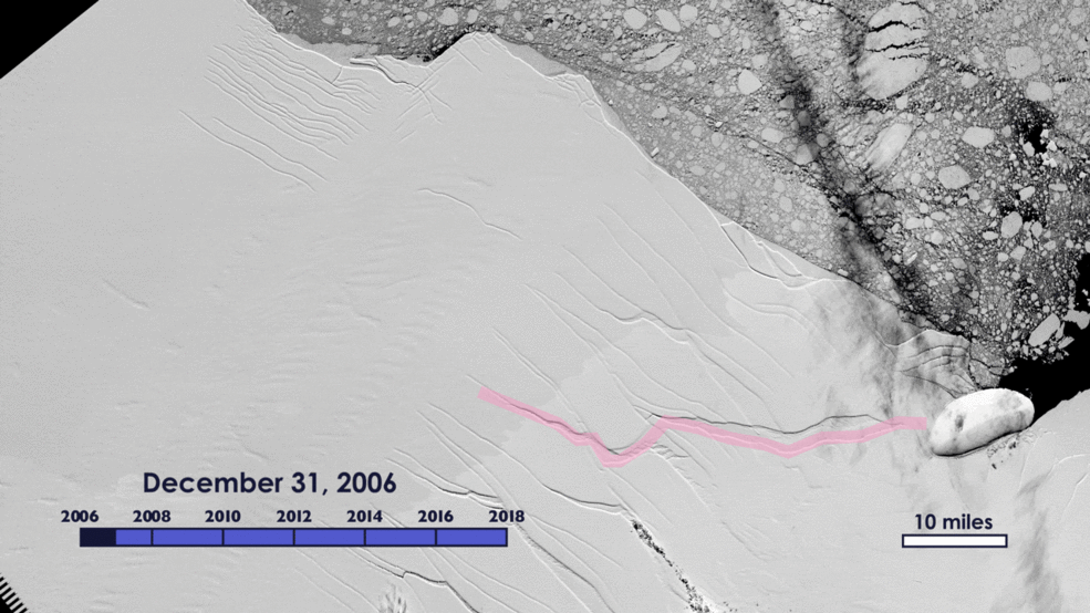 animation of satellite view of Larsen C ice shelf crack