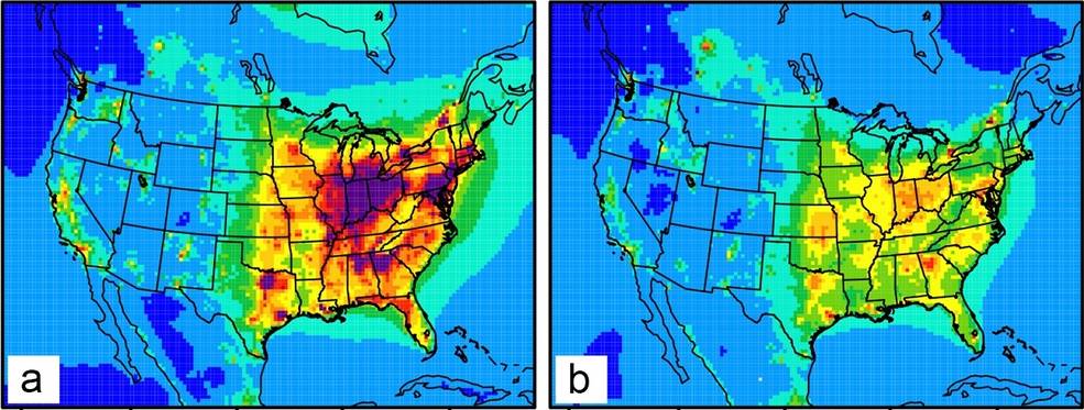 US ozone levels map highlighting highest levels