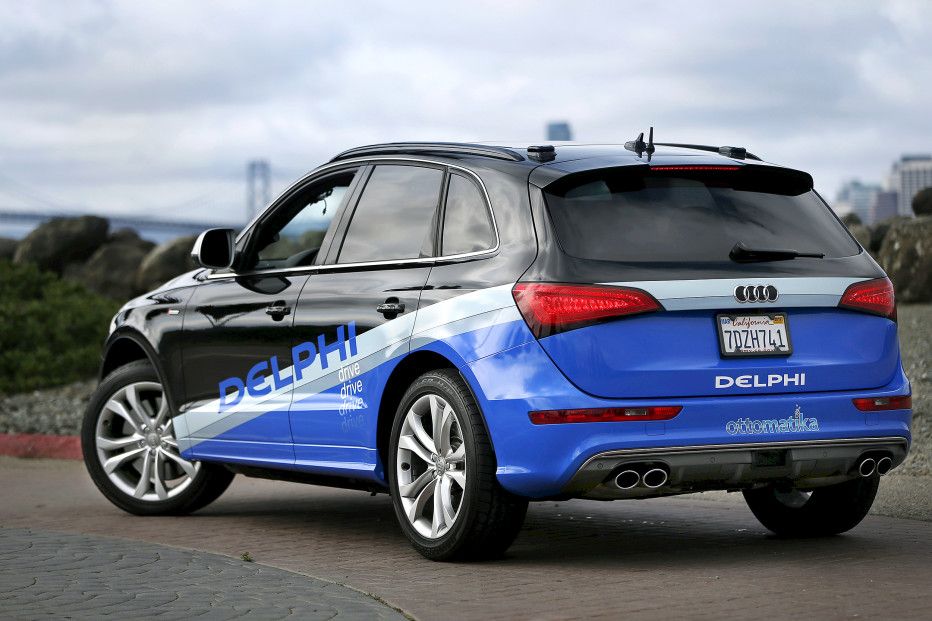 Autonomous car from Delphi drives on Treasure Island in preparation for a cross-country trip from San Francisco to New York City in San Francisco