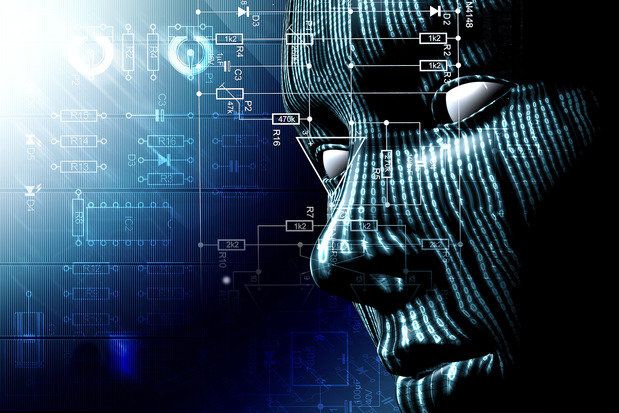 Virtual face of artificial intelligence circuits and binary data 